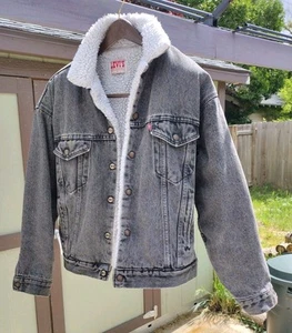 VTG LEVI'S Jacket Men's M. Denim Black Acid Wash Sherpa Made in USA. 4 Pocket - Picture 1 of 19