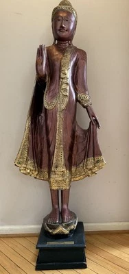 55” Large Vintage Thai Wooden Red Lacquered Gilded Standing Buddha Figure Statue - Image 1 of 4