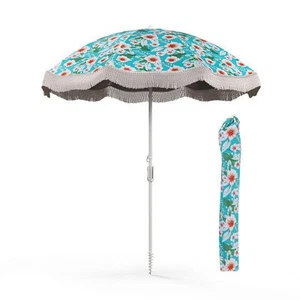 6.5 FT Beach Umbrella with Fringe Outdoor Tassel Umbrella with Push Button Tilt- - Picture 1 of 5