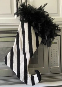 Glam Striped Elf Christmas Stocking Black White Boa Feathers Witchy Gothic - Picture 1 of 7