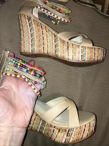 getmorebeauty Women’s Wedge Sandals Heels w/Beaded Ankle Strap Beige Sz 6.5 EU37 - Picture 1 of 11