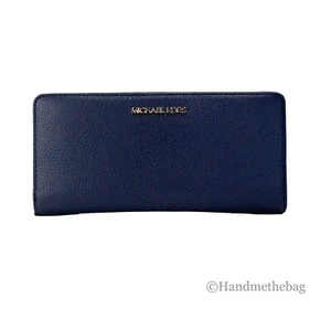 Michael Kors Jet Set Travel Large Navy Pebbled Leather Continental Wrist Wallet - Picture 1 of 5