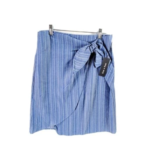 Doe & Rae Knot Tie Waist Blue Striped Overlap Wrap Side Button Pencil Skirt S - Picture 1 of 7