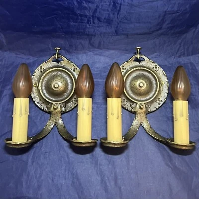 Antique Gothic Arts and crafts mission Brass Two Arm Sconces RARE 9J - Image 1 of 4