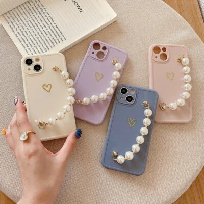 For iPhone 13 Pro Max 11 12 XS XR 8 Plating Love Heart Pearl Bracelet Soft Case - Image 1 of 4