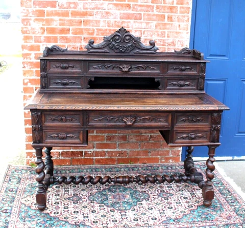 French Antique Oak Renaissance Louis XIII Style Desk Cover
