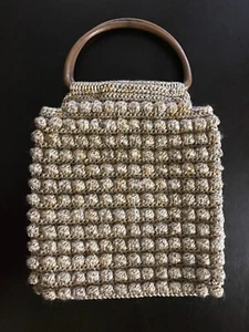 HELLBRAUN BEIGE WOLLE GELDBÖRSE HANDTASCHE VINTAGE HOLZGRIFFE STOFF GEFÜTTERT INNEN - Bild 1 von 5