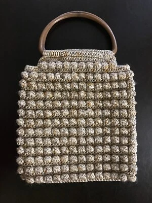 BOLSO DE MANO MONEDERO DE LANA BEIGE BRONCEADO VINTAGE ASAS DE MADERA INTERIOR FORRADO DE TELA Foto 1 de 4