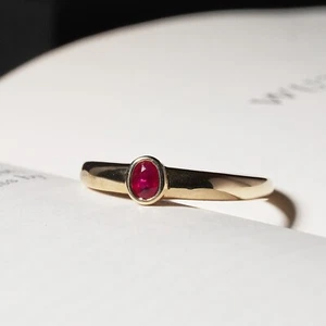 Natural Pink Ruby 10K Yellow Gold Ring Oval Bezel Set Stacking Band Size K / 5 - Picture 1 of 9
