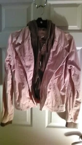 Plugg~Pink/Mocha Floral Hooded Corduroy Lapel 2-in-1 Jacket~Juniors LG~Retro~VG - Picture 1 of 5