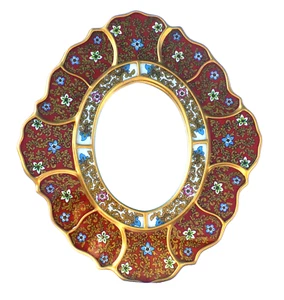 ARTISAN GLASS WALL MIRROR NOVICA HANDMADE REVERSE PAINTED FLORAL CRIMSON DESIGN - Picture 1 of 5