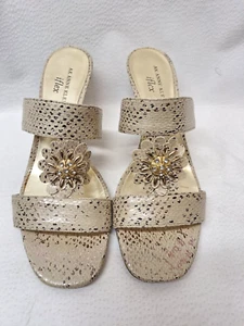 Anne Klein AK Halen Slip On Sandals Women Size 9 M 2.75" Heel Jeweled Flower - Picture 1 of 7