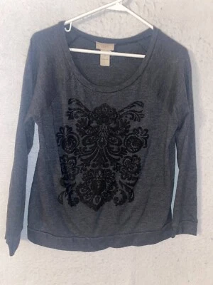 Anne Taylor Loft Gray Paisley Long Sleeve 100% Cotton Knit Sweatshirt Size S - Image 1 of 4