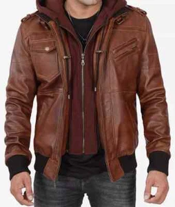 Men's Removable Hood Moto Biker Racer Bomber Real Sheepskin Brown Leather Jacket - Picture 1 of 9