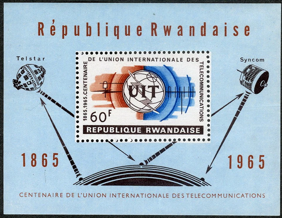 Folha de lembrança Ruanda 1965 100th Anniv Intl Telecomm Union ITU MNH (SC# 113) - Imagem 1 de 1