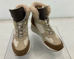 Michael Kors Beige Brown Fabric Suede Faux Fur High Top Sneakers 6.5M - Picture 1 of 5