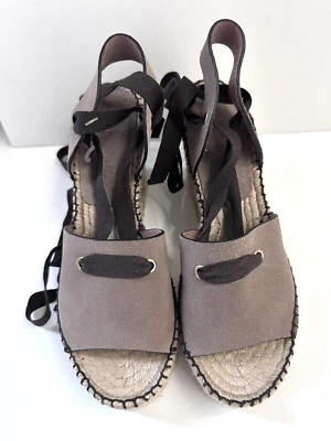 Bettye Muller 皮革系带帆布鞋楔形凉鞋 6 码灰褐色 — 第 1/4 张图片