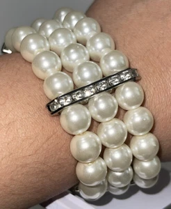 White Glass Faux-Pearl Clear Rhinestones Stretch Bracelet Three Rows Silver Tone - Picture 1 of 9