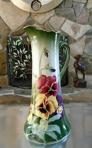 Antique K&G Luneville Dépose France Green With Pansies Gilt Rim 14" Tall Pitcher - Picture 1 of 8