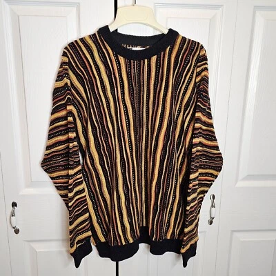 Suéter pulôver de malha vintage década de 1990 BACHRACH XL estilo Coogi 3D amarelo laranja  - Imagem 1 de 4