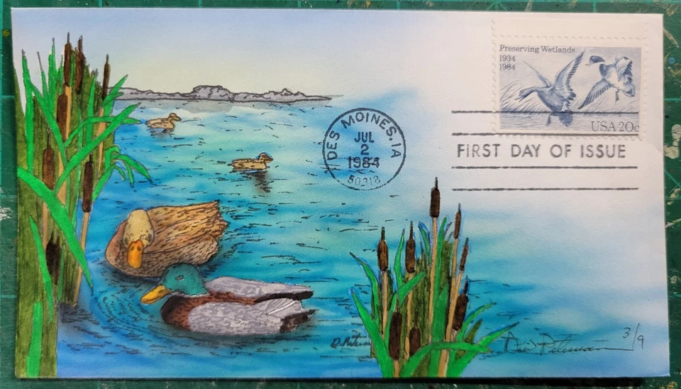 Peterman Hand Painted Ducks on Lake, Preserving Wetlands Sc.#2092 First Day - Image 1 of 1