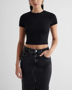 Neu mit Etikett! POOF NEW YORK Größe Medium M/L Damen schwarz Crop Top Shirt Rundhalsausschnitt - Bild 1 von 3