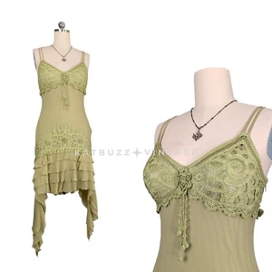Vintage Sue Wong Midi Dress Silk Gown 14 Green Fairy Y2K Grunge Boho Ruffle Lace - Picture 1 of 14