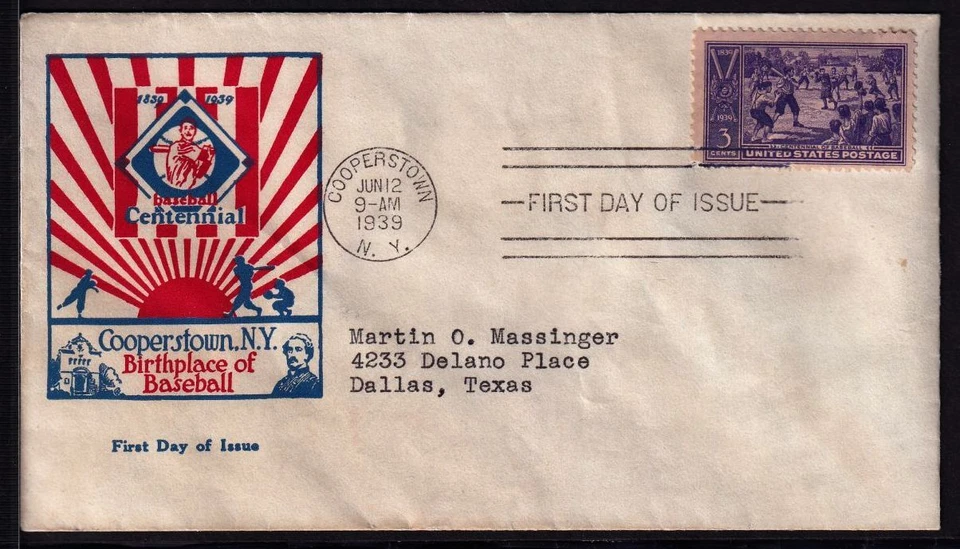 1939 Baseball Centennial Sc 855-60a 1st Leatherstocking cachet, typed address - Image 1 of 1