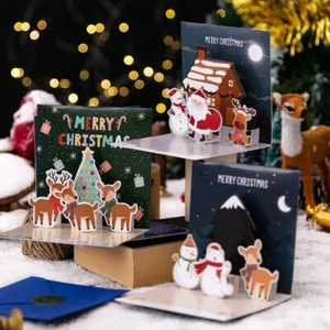 Weihnachtskarten 3er Set 3D Pop-Up Karten mit Umschlägen und Aufklebern 11x11 cm - Bild 1 von 7
