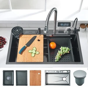 Digital Display Stainless Steel Waterfall Drop In Kitchen Sink with Cup Washer - Picture 1 of 12