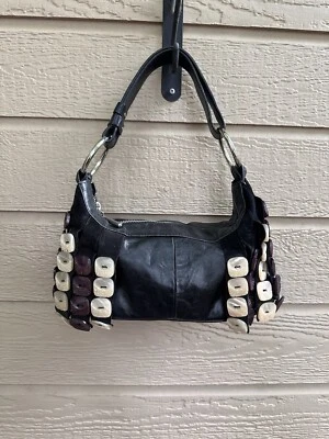 Bolsa de couro preta vintage Guidit com franja de botão estilo Y2K - Imagem 1 de 4