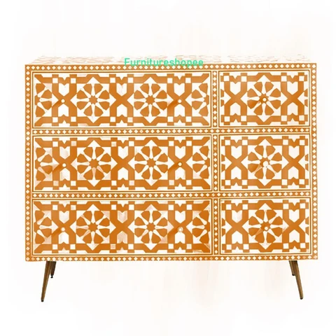 Antique Indian Handmade Bone Inlay Orange Sideboard Buffets 6 Drawer Cover