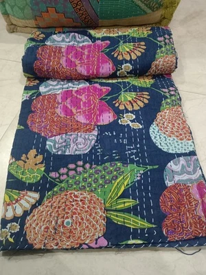 Indian Handmade Black Floral Kantha Quilt Bedspread Blanket Cotton Throw Gudri - Image 1 of 4