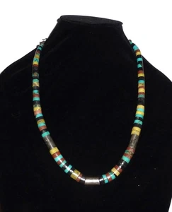 OOAK Vintage Navajo Necklace 25'' Turquoise Silver Barrel Beads Gemstone Round - Picture 1 of 6