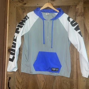 PINK Women Jacket Medium Gray Windbreaker Logo Hooded 1/4 Zip Pullover - Picture 1 of 7