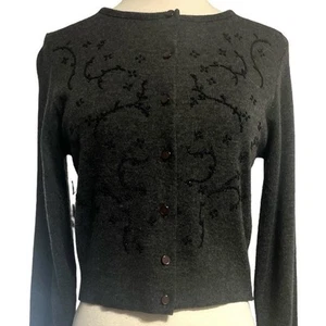 1990’s Vintage Fitted Beaded Cardigan, Dark Gray with Black Beading, Size Small - Picture 1 of 7