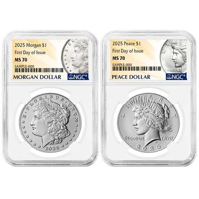 Juego de 2 dólares de plata Morgan and Peace 2025 $1 NGC MS70 FDI Morgan &amp; Peace Foto 1 de 3
