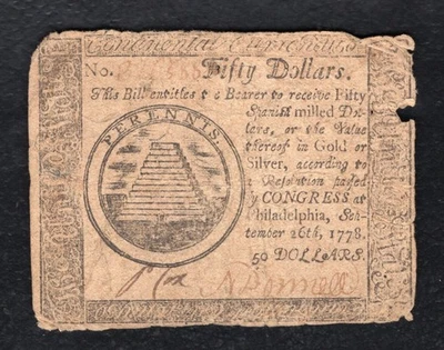 SEPTEMBER 26, 1778 $50 FIFTY DOLLARS CONTINENTAL CURRENCY NOTE (B) - Image 1 of 2