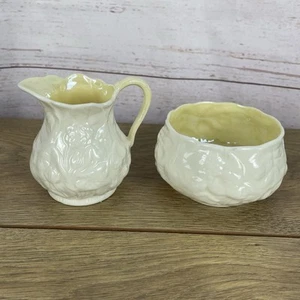 VTG Belleek Lotus Creamer and Open Sugar Set Ireland Yellow Inside 6th Marking - Picture 1 of 15