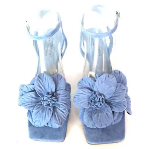 New JEFFREY CAMPBELL Sz 7.5 Honolulu Lt Blue Floral Suede Ankle Strap Sandals - Picture 1 of 11
