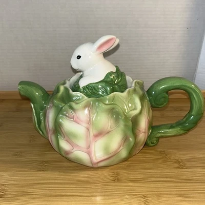 Vintage Applause Cabbage / White Bunny Rabbit Tea Pot 1994 Collectors - Image 1 of 4