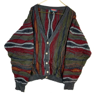 Suéter de lana tejido 3D vintage de los años 90 XL gris a rayas Robert Banks cárdigan - Imagen 1 de 3
