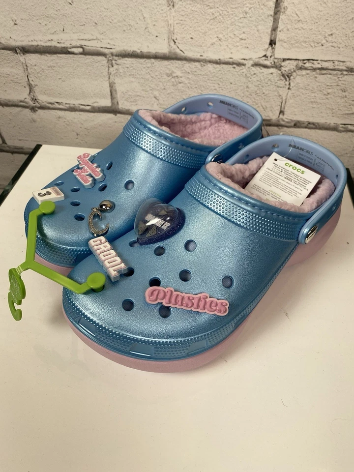 Crocs Limited Edition Mean Girls Platform Clogs Sherpa-Lined Blue Pink Jibbitz 9