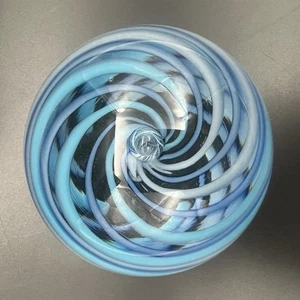 Signed Art Glass Paperweight With Blue & White Latticino & Controlled Bubble - Picture 1 of 15