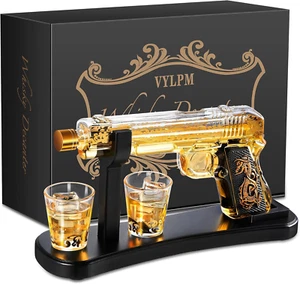 Handcrafted Gun Whiskey Decanter Set -Luxury Lead-Free Glass, clear and gold - Picture 1 of 6