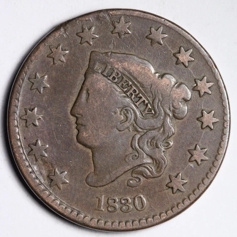1830 Die Crack Coronet Head Large Cent CHOICE VF E286 THW Cover