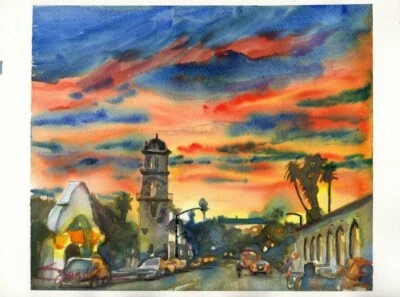 Pink Moment Ojai Sunset Watercolor Sandra Stone California Art Print SIGNED - Image 1 of 2