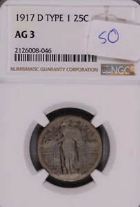 1917-D Type 1 Standing Liberty Silver Quarter NGC AG-3 #8-046 - Picture 1 of 2