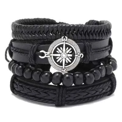 Herren Wickel-Armband Schwarz Echtes Leder Biker Breit Männer Geschenk - Bild 1 von 4