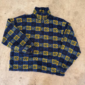 Vintage Polar Edge Fleece Pullover Quarter Zip Checkered Pattern Blue Yellow XL - Picture 1 of 8